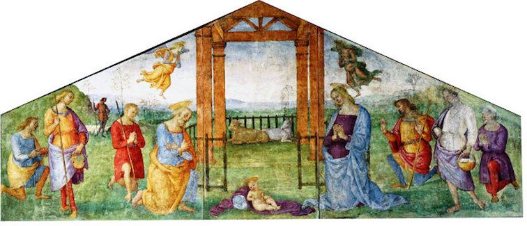 Fresco by Perugino depicting the Adoration of the Shepherds, with the Baby Jesus at the center and shepherds kneeling in prayer on either side.