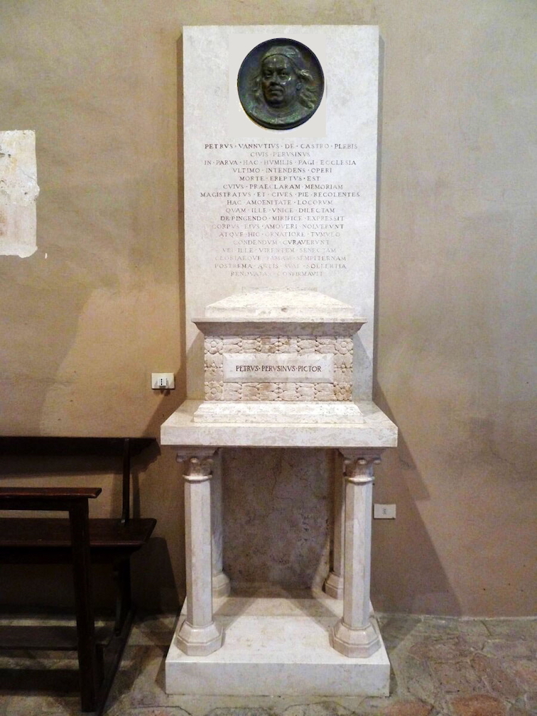 Tomba di Pietro Perugino nella chiesa dell'Annunziata a Fontignano, con epigrafe commemorativa e ritratto in rilievo.