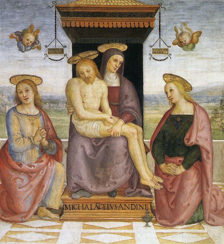 Fresco of the Pietà by Michelangelo Andine: Mary holding the dead Christ in the center, with angels and kneeling female figures on the sides.