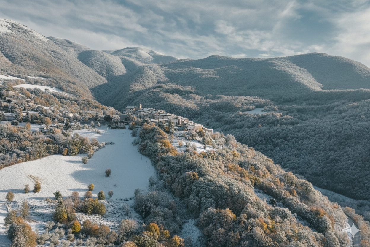 Aerial view of a medieval village blanketed in snow among hills bathed in the warm light of sunset.