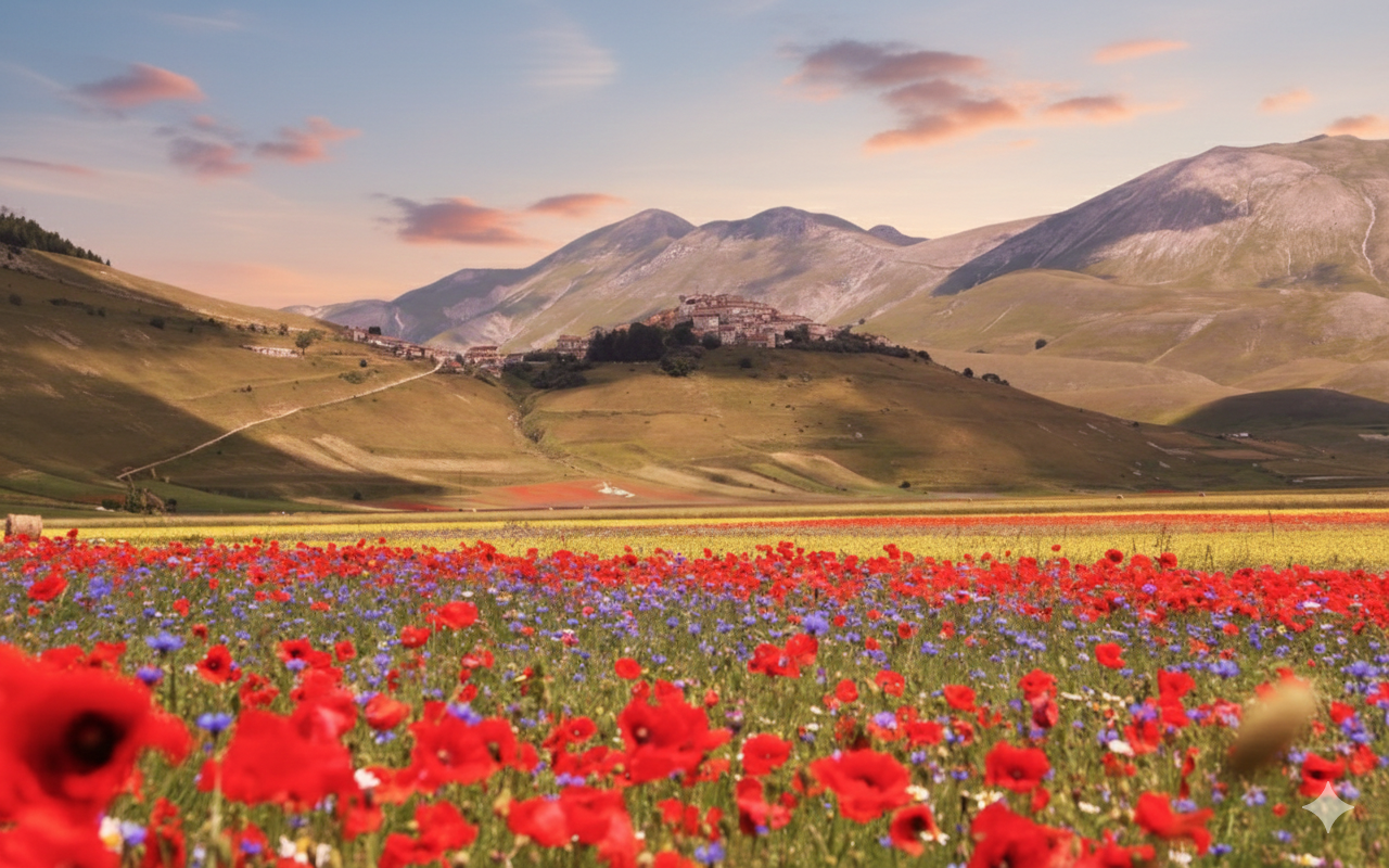 A field of red poppies in the foreground, with a medieval village perched on a green hill under a blue sky.