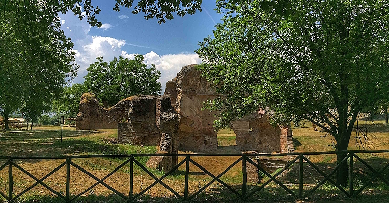Vestiges de structures romaines parmi les arbres et la végétation, derrière une clôture en bois, illuminés par la lumière du soleil