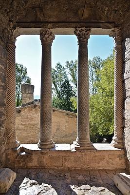 View from inside the pronaos of the Temple of Clitunno, showing the four front columns