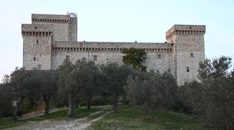 Veduta frontale della Rocca di Narni, imponente fortezza medievale in pietra circondata da ulivi