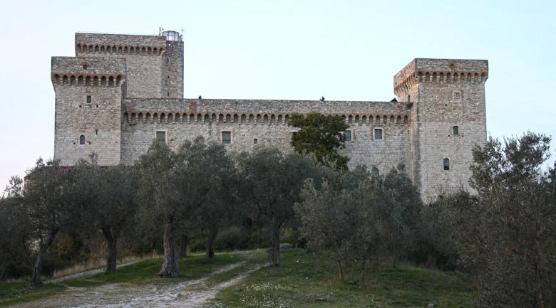 Immagine: Front view of the Rocca of Narni, an imposing medieval stone fortress surrounded by olive trees 