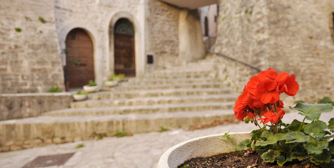 A stone alley with arches, stairways, and historic houses, with a pot of red geraniums in the foreground.