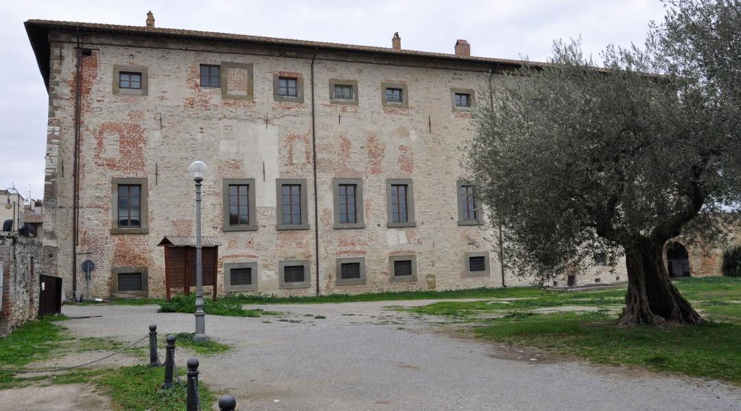 Seitenansicht des Palazzo della Corgna in Castiglione del Lago, mit Stein- und Ziegelfassade. Neben dem Gebäude steht ein jahrhundertealter Olivenbaum.