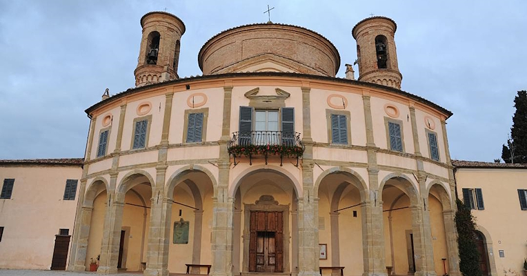 Sanctuary of Madonna di Belvedere, a Baroque church with a semicircular façade, arched portico, and two bell towers.