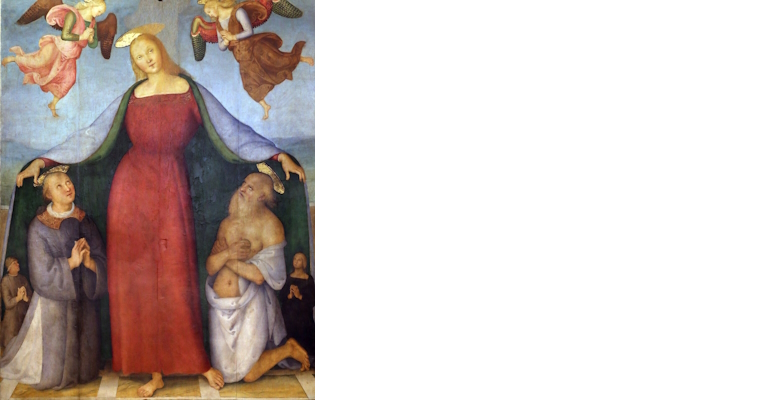 The Madonna of Mercy protects two kneeling devotees under her mantle; above her, two angels.