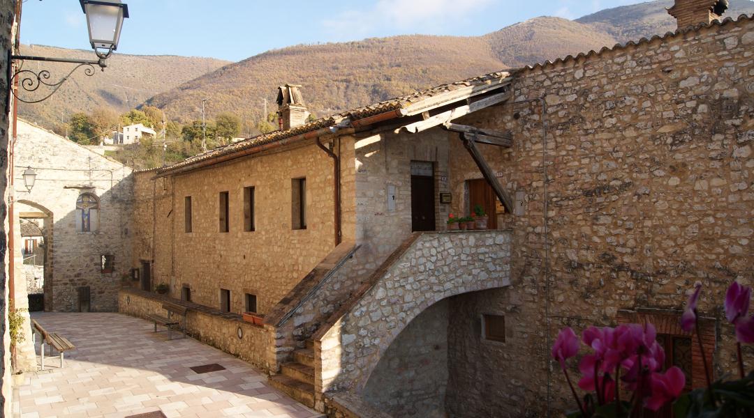 Medieval stone village with rustic houses, arches, and mountains in the background, bathed in warm light; cyclamen flowers in the foreground.