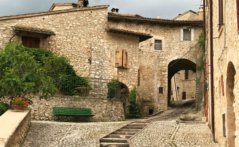 Stone staircase between medieval houses with arches, wooden shutters, and green plants, in the medieval village of Vallo di Nera.