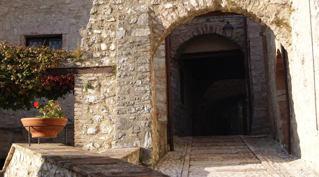 Stone arch leading to a shaded alley, with flower pots and rustic walls illuminated by sunlight.