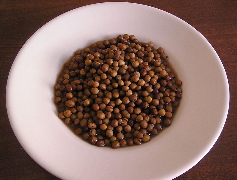 Assiette blanche avec de la Roveja cuite, petites légumineuses rondes de couleur brune.