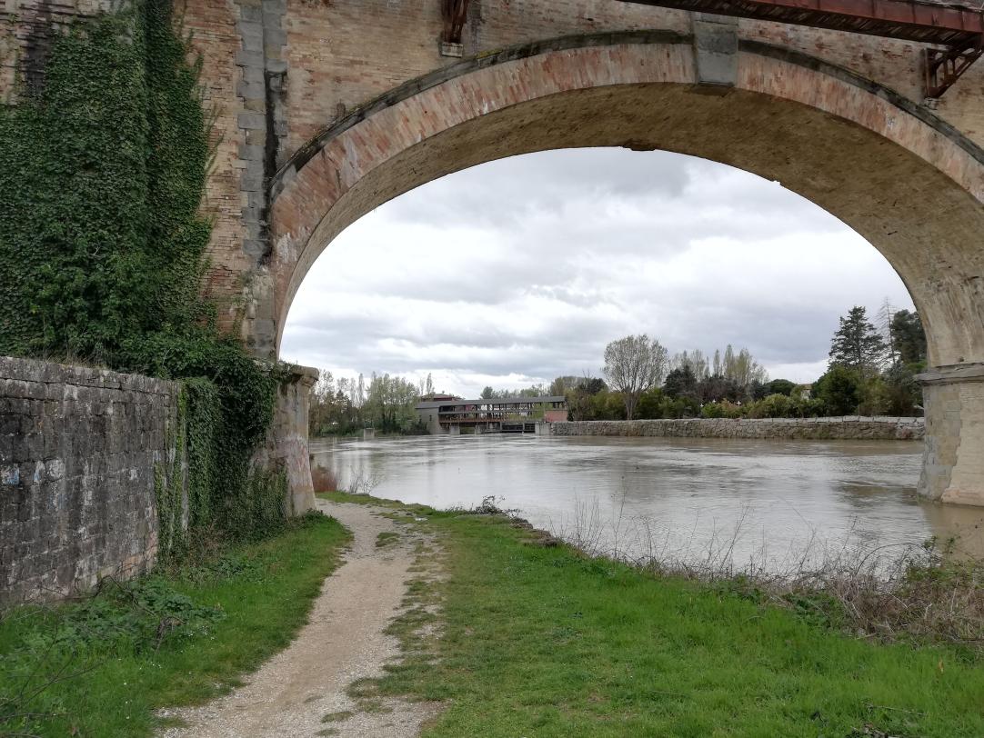 ciclovia che passa sotto un ponte ferroviario con a destra il fiume tevere