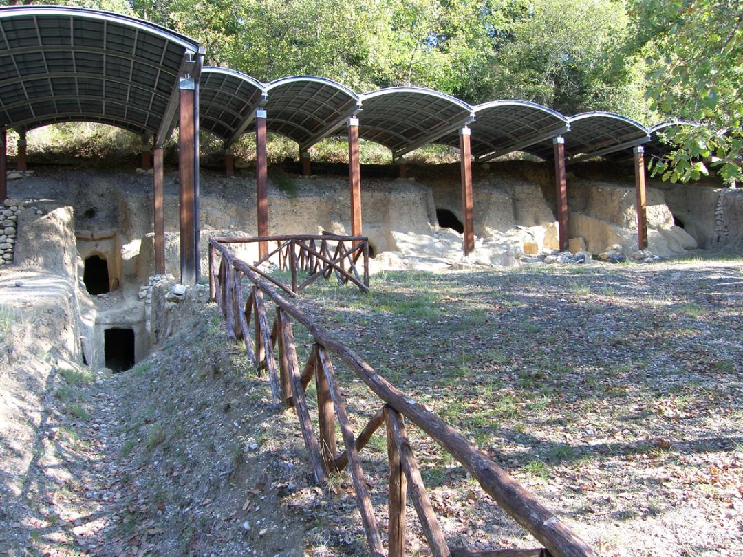 Entrée de tombes étrusques creusées dans la roche, protégées par un auvent et entourées d’arbres.