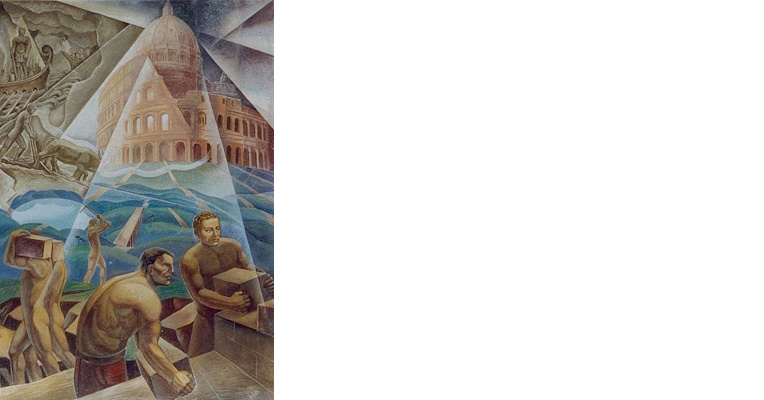 Mural by Dottori featuring workers in action, symbols of Roman civilization such as the Colosseum and a ship, in a dynamic style.