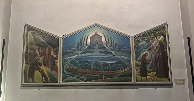 Triptych depicting scenes of Saint Francis: rolling hills, a church at the center, and figures in prayer in harmony with nature.