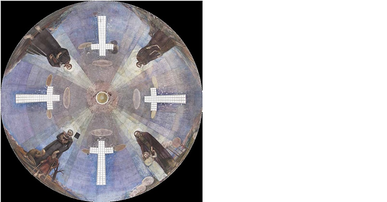 Frescoed dome with consoling saints, luminous crosses, and celestial tones in the Salus Infirmorum Chapel in Monteluce.