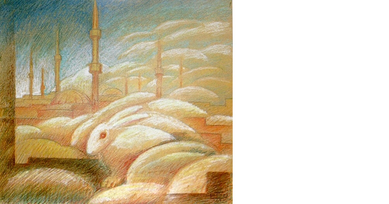 Dreamlike landscape with domes, minarets, and white rabbits blending with architecture in warm and soft tones.