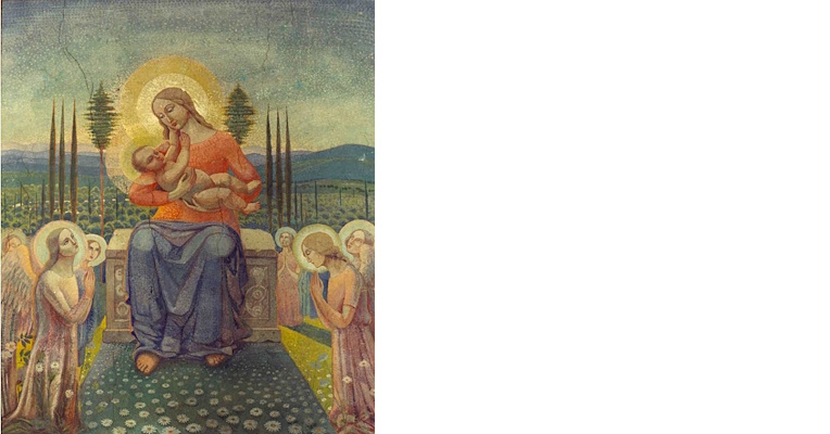 Fresco of the Madonna and Child on a throne, surrounded by praying angels in a landscape with cypresses and hills.