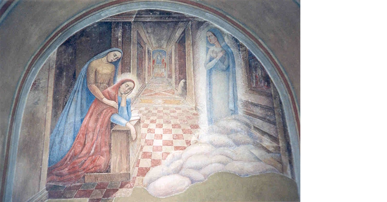 Fresco with praying female figures in a sacred setting, a checkered floor, and soft clouds leading to a luminous scene.