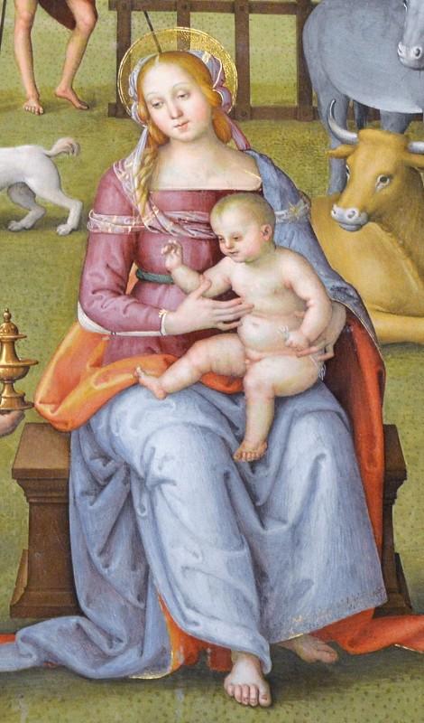 Detail of the fresco "Adoration of the Magi" depicting the Madonna and Child in a pastoral landscape.