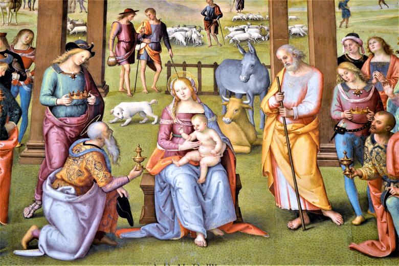  Affresco raffigurante l'Adorazione dei Magi con la Madonna, Gesù Bambino, San Giuseppe e vari personaggi in un paesaggio pastorale 