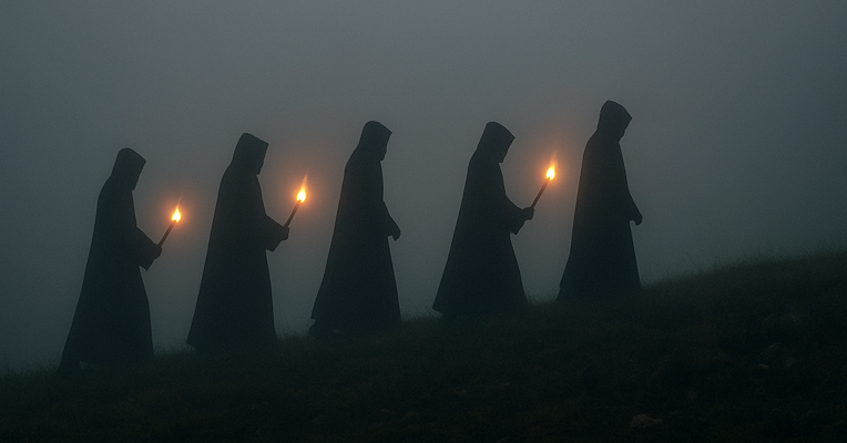Cinq silhouettes encapuchonnées marchent dans le brouillard avec des torches allumées à la main.
