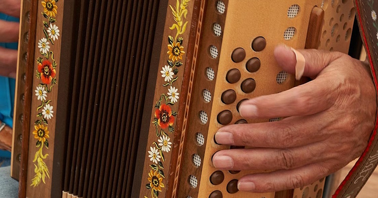  Image of an accordion player with their fingers resting on the side keys of the instrument 