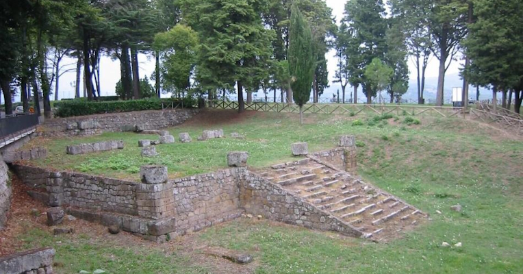 Ruins of an ancient stone structure with central steps, surrounded by trees and green grass.
