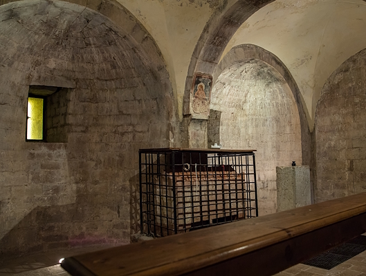 Romanesque stone crypt with barrel vault, splayed window, and sarcophagus protected by an iron grate.