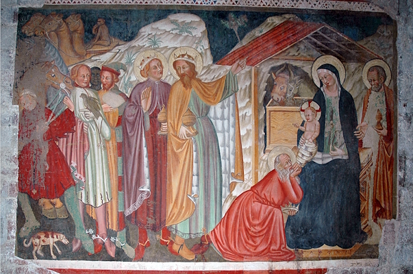 Nativity fresco with the Adoration of the Magi: Mary with the Child, the Three Kings, animals, and vivid details.