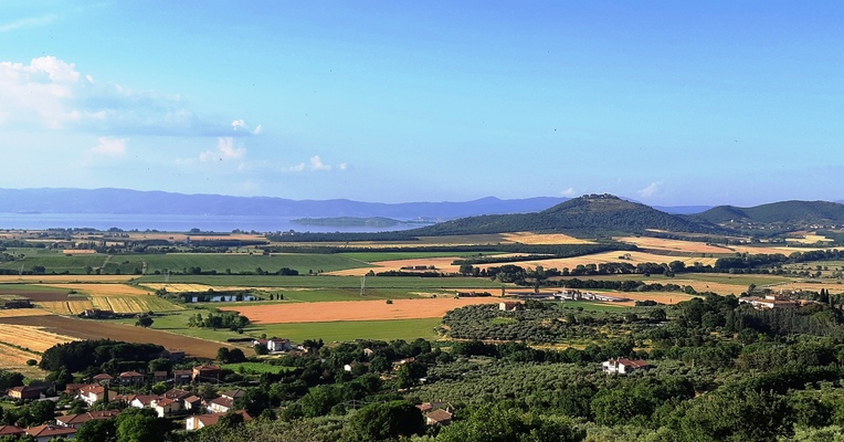 Panorama from Panicale over golden fields, green hills and Lake Trasimeno on the horizon.