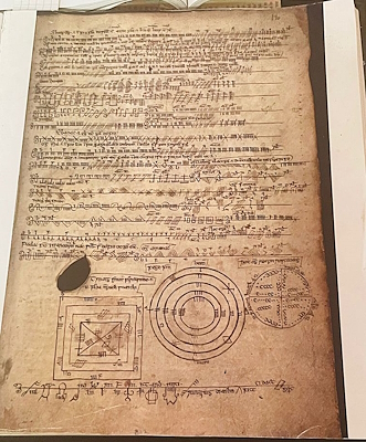 Altes Manuskript mit Zeichen und Symbolen des keltischen Ogham-Alphabets und geometrischen Diagrammen auf vergilbtem Pergament.