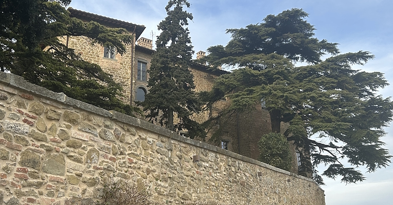 Side view of the Castle of Montesperello, with its striking enclosing wall and rebuilt ancient structures.