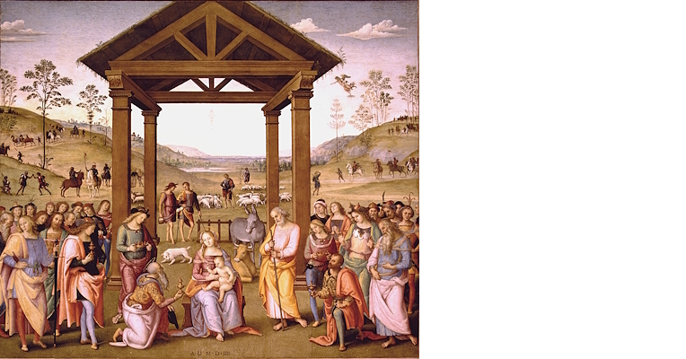 Adorazione dei Magi di Pietro Perugino: la Sacra Famiglia accoglie i Re Magi sotto un portico con sfondo collinare.