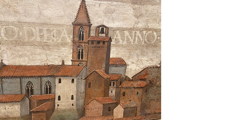 Stadtansicht im unteren Teil von Gottvater mit den Heiligen Rochus und Romanus von Perugino, mit Türmen und Ziegeldächern