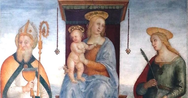 Madonna col Bambino in trono tra San Biagio con pastorale e coppa, e Santa Caterina d'Alessandria con palma del martirio.