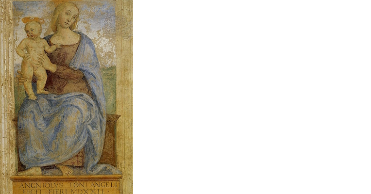 Affresco della Madonna col Bambino a Fontignano: la Vergine in manto azzurro sorregge Gesù, entrambi con aureola dorata.