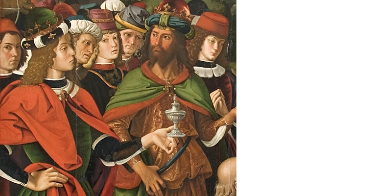 Detail of The Adoration of the Magi: the Three Wise Men, dressed in rich garments and wearing crowns, offer gifts with solemn expressions.