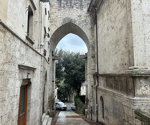 Porta Trasimena a Perugia, con arco in pietra che incornicia una via lastricata in discesa, tra edifici e alberi sullo sfondo