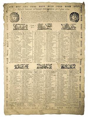 Almanacco Barbanera del 1762 con calendario mensile, previsioni astrologiche e illustrazioni decorative.