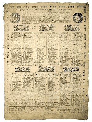 Reproduction d’un almanach de Barbanera de 1762 avec calendrier mensuel, prévisions astrologiques et illustrations décoratives.