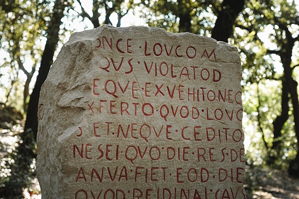 Latin inscription carved into ancient stone in the Monteluco woods, with red letters clearly visible among the trees.