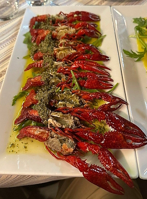 Prawns served with green sauce on a bed of rocket and extra virgin olive oil, plated on a rectangular dish.