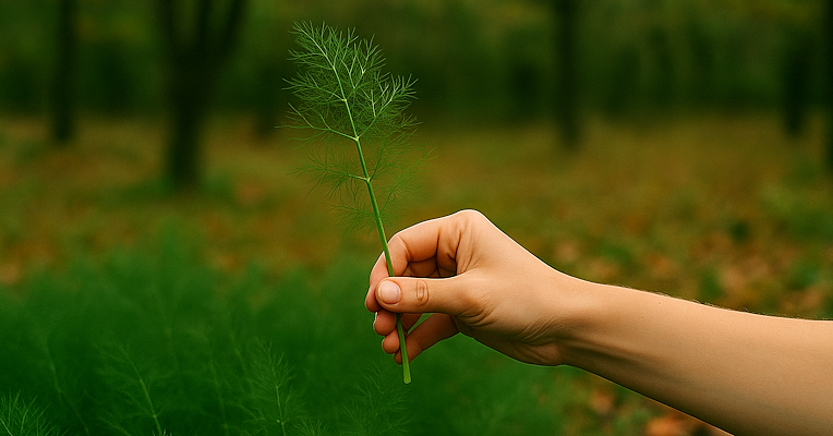 Hand hält einen Zweig wilder Fenchel in einem Feld, mit verschwommenen Bäumen im Hintergrund.