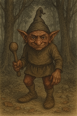 Fantastic creature with large pointed ears holding a stick while walking in a dark forest.