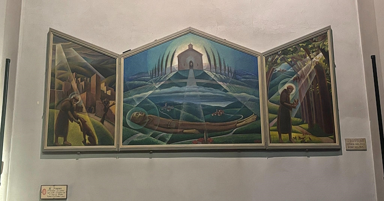  Triptych with Saint Francis in three episodes: on the left with the wolf of Gubbio, in the center a mystical vision, on the right in meditation in nature 