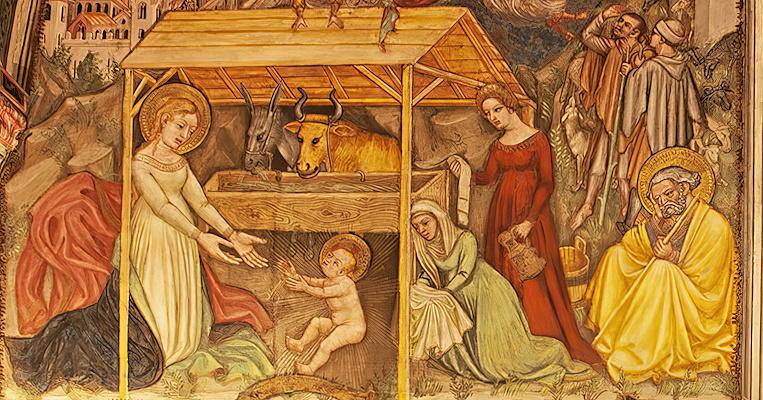  Fresco with a Nativity scene, with the Virgin Mary and Jesus before the ox and the donkey in a wooden hut, and Saint Joseph in a bright yellow robe. 