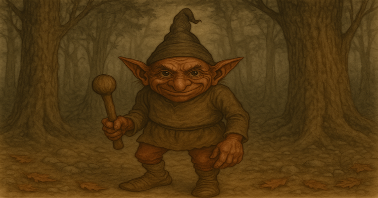 Fantastic creature with large pointed ears holding a stick while walking in a dark forest.